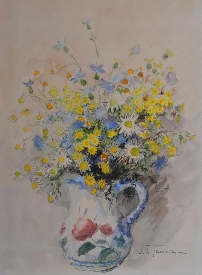 LE TOURNIER JOSEPH MARIE, 1892-1972 Picet aux fleurs des champs Aquarelle, signée...