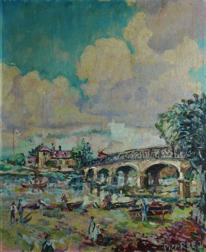 PIZARRE JEAN PIERRE, NÉ EN 1940 Bord de rivière animé au pont, 1940 Huile sur toile...