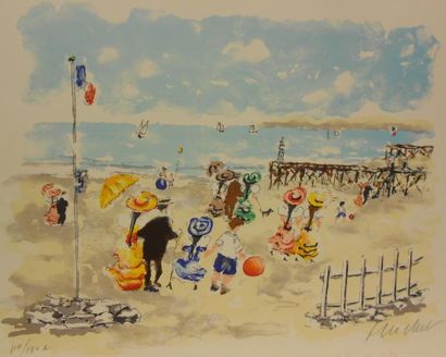 HUCHET URBAIN (NÉ EN 1930) La plage Lithographie en couleurs (piqûres), signée en...