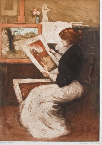 Manuel ROBBE "Femme à l'estampe " 1906. M-Ch.35. 52,4 x 37,5 cm. Aquatinte en couleurs....