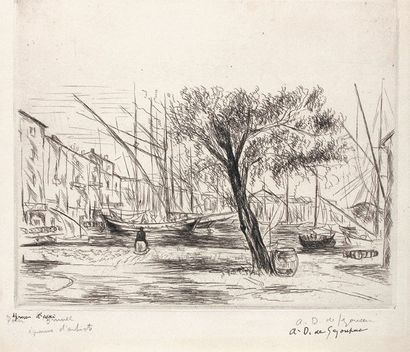 ANDRÉ DUNOYER DE SEGONZAC " Saint -Tropez, le port " 1927. L.C.173. 26,8 x 32,8cm....