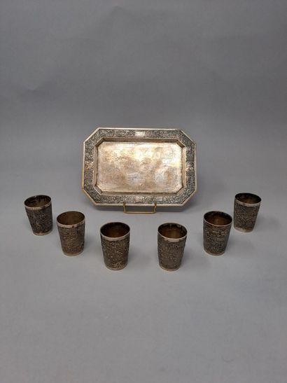 null Part of a silver liquor service comprising an octagonal tray and six cups with...