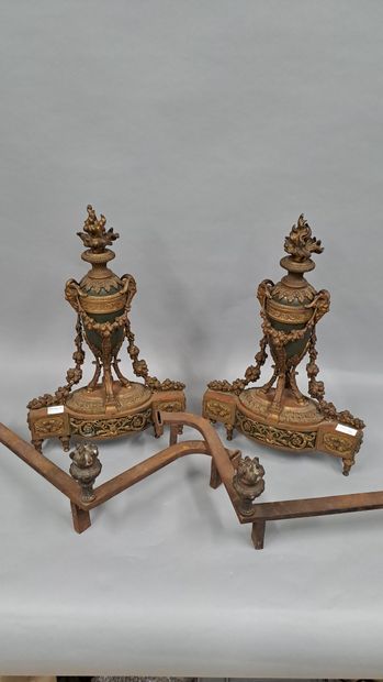 Pair of polychrome bronze andirons decorated...