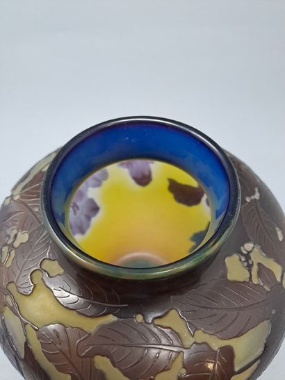 null GALLE (Dans le goût de)

Vase boule en verre moulé à fond jaune et à décor de...