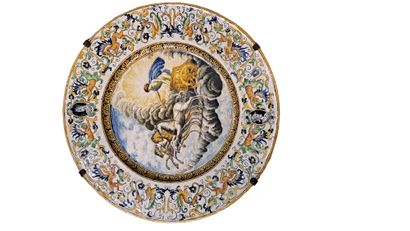 null Important circular dish in enamelled earthenware decorated with Actaeon driving...