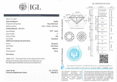 null Diamant "F" rond sur papier. 

Accompagné d'un certificat IGL attestant : 

Couleur...