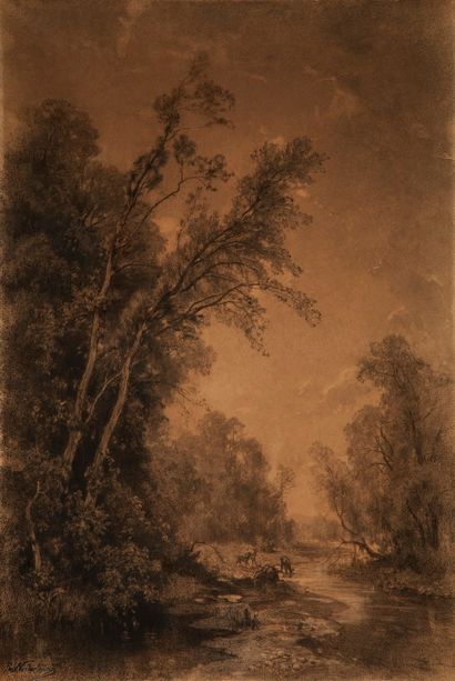 null DE NIEDERHÄUSERN François Louis Fritz, 1828-1888,

Deer at the river, 

charcoal...
