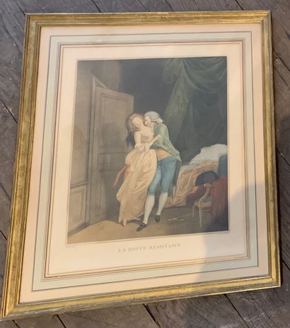 null Lot including 5 paintings:

 

- Reproduction of engraving on polychrome cardboard,...