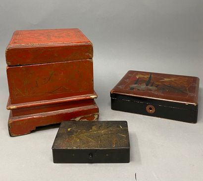 null Three lacquer boxes and a small box with 4 drawers in red lacquer with bamboo...