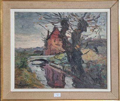 null BORDES Léonard, 1898-1969,

Maison à la rivière, 

huile sur toile, signée en...