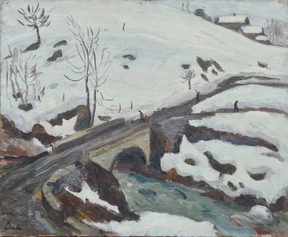 null BORDES Léonard, 1898-1969,

Bridge over a stream in winter, 

oil on canvas,...