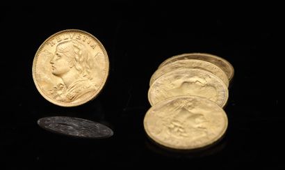 Lot de cinq pièces 20 Francs Suisse en or....