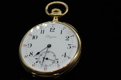 null LONGINES

Yellow gold (750) pocket watch with a white enameled dial with black...