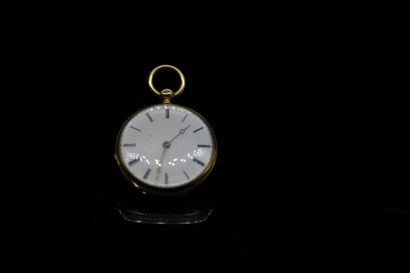 null Yellow gold (750) collar watch with white enamel dial and black Roman numerals...