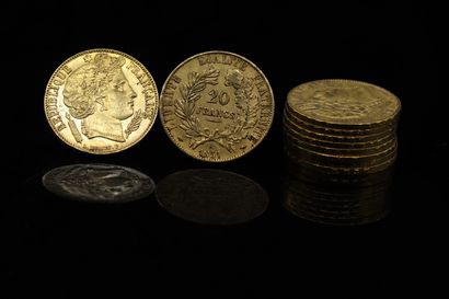 Dix pièces en or de 20 francs Génie.

1851...