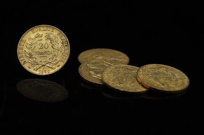 null Cinq pièces en or de 20 francs Génie.

1850 A (x 5)



A : atelier Paris.



Poids...