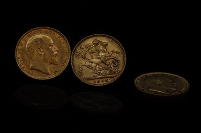 Trois pièces en or de 1 souverain Edouard...