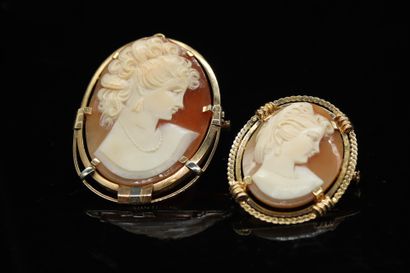 Two cameos representing young women, 18K...