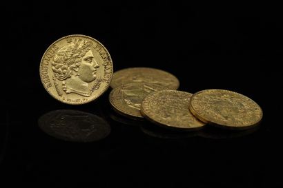 null Cinq pièces en or de 20 francs Génie.

1850 A (x 5)



A : atelier Paris.



Poids...