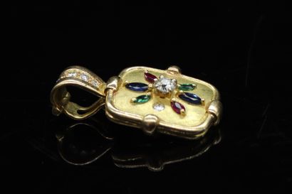null 18k (750) yellow gold pendant set with two sapphires, two emeralds, two navette...