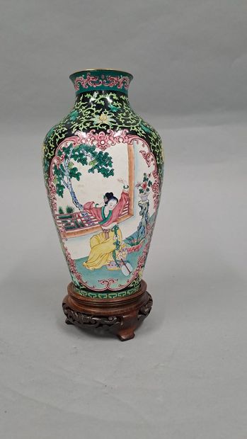 null Vase of baluster form in cloisonné in the taste of the black family with decoration...