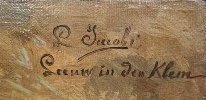 null JACOBS L., XIXe siècle,

Lion pris au piège,

huile sur toile (traces de craquelures,...