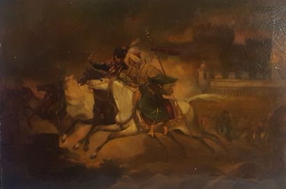 null ORIENTALIST SCHOOL 

the shock of cavalry 

oil on canvas 

trace of signature...