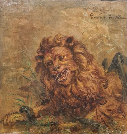 null JACOBS L., XIXe siècle,

Lion pris au piège,

huile sur toile (traces de craquelures,...