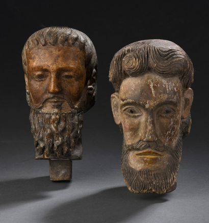 null Two heads of sculptures of procession, bearded saints, in carved and polychromed...