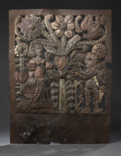 null Large iron plate with polychrome decoration, sign panel, representing a woman...