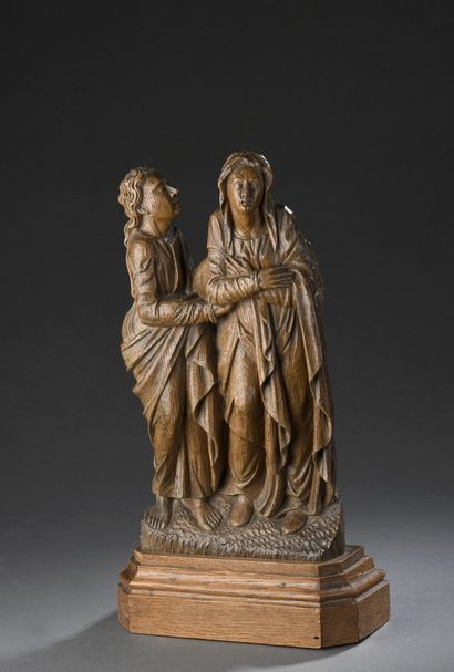 null Saint Jean et Vierge de Calvaire en chêne sculpté, groupe de retable. Debout...