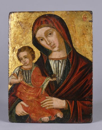 Icon of the Virgin and Child holding an apple.

Tempera...