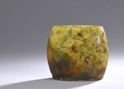 null DAUM - NANCY 

Vase oblong en verre marmoréen jaune vert et rose tacheté à décor...