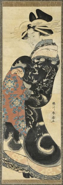 null Shunsho (1726-1792):

Kakemono-e oiran debout vêtu d'un kimono noir orné d'un...