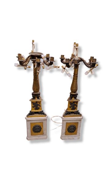 null Pair of candlesticks with six lights in black patinated and gilded bronze, the...