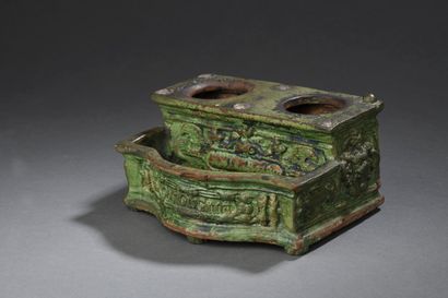 Green glazed earthenware inkwell in the form...