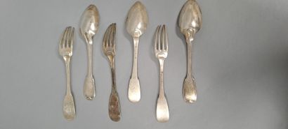 null Twelve silver flatware :
- a fork and a soup spoon, uniplat model, spatulas...