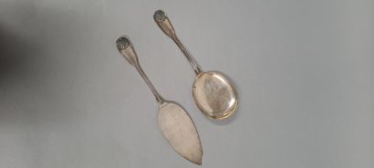 null PUIFORCAT Emile
Two silver (Minerva) fish serving utensils, "shell" model.
Goldsmith's...