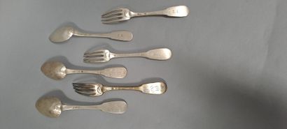 null Twelve silver flatware :
- a fork and a soup spoon, uniplat model, spatulas...