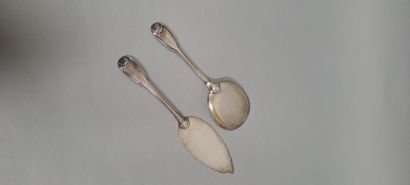 null PUIFORCAT Emile
Two silver (Minerva) fish serving utensils, "shell" model.
Goldsmith's...