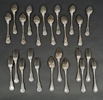 null Lot of twenty-four mismatched silver flatware including:
- Four forks richly...