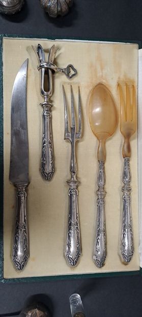 null Set of silver flatware including a box with five pieces of cutlery including...