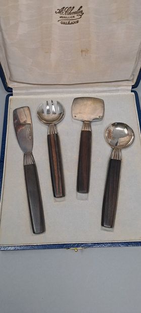 null Four Art Deco style silver (Minerva) cutlery for sweets with Macassar ebony...
