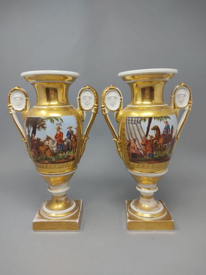 Pair of porcelain baluster vases on pedestal,...
