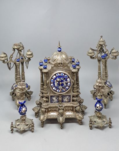null Renaissance style mantel set, consisting of a clock without its movement, two...