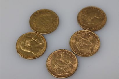 null Lot of 5 gold coins of 20 Francs including : Napoleon III bare head 1858 Ax2,...
