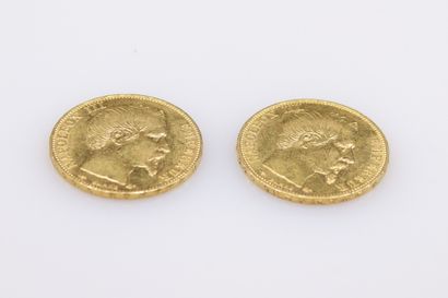 null Lot of two gold coins of 20 francs Napoleon III bare head (1857; 1859), Paris.
Weight...