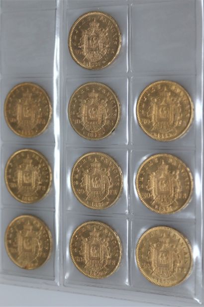 null NAPOLEON III
Lot of 10 coins of 20 Francs gold type laurel, different vinta...