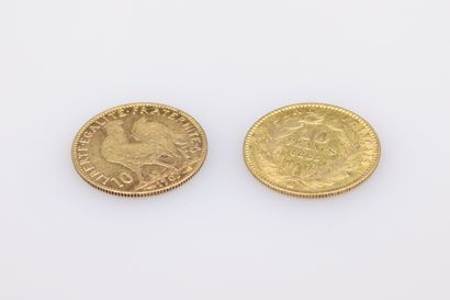 null Lot de deux pièces en or 10 Francs :
- 10 Francs Napoléon III tête laurée (1865),...