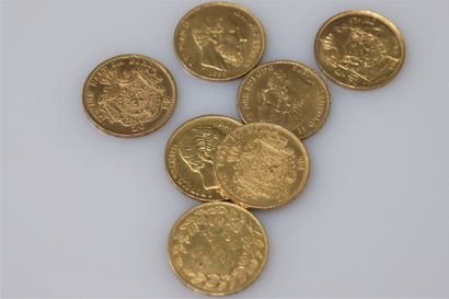 null BELGIQUE
Lot de 7 monnaies de 20 francs or 
Léopold Ier 1865 (2 ex); Léopold...